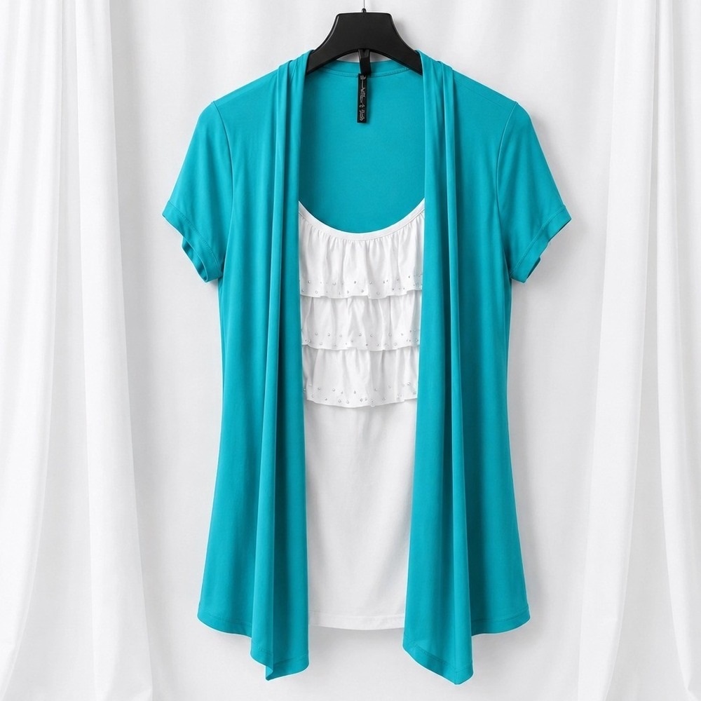 Allie and Rob Womens Layered Twofer Top XL Teal White Ruffle Bling Short Sleeve